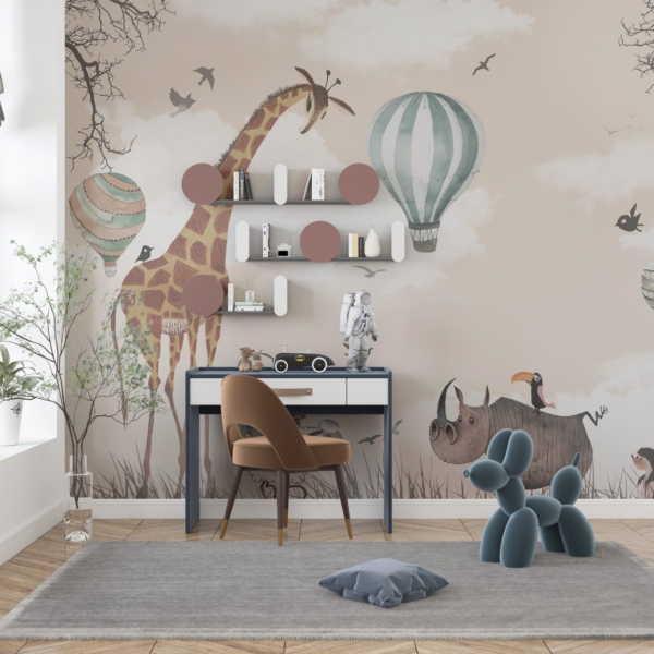 Wandgemälde einer Giraffe und Luftballons