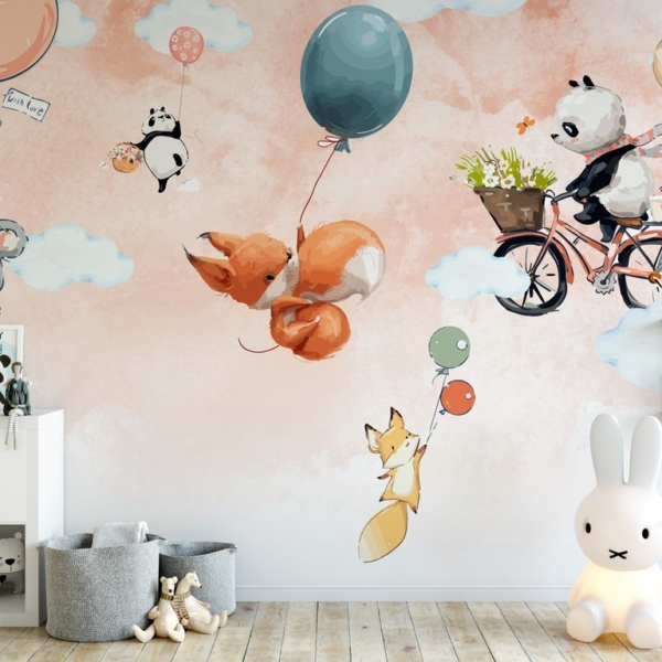 Wandmalerei mit fliegenden Füchsen und Bären