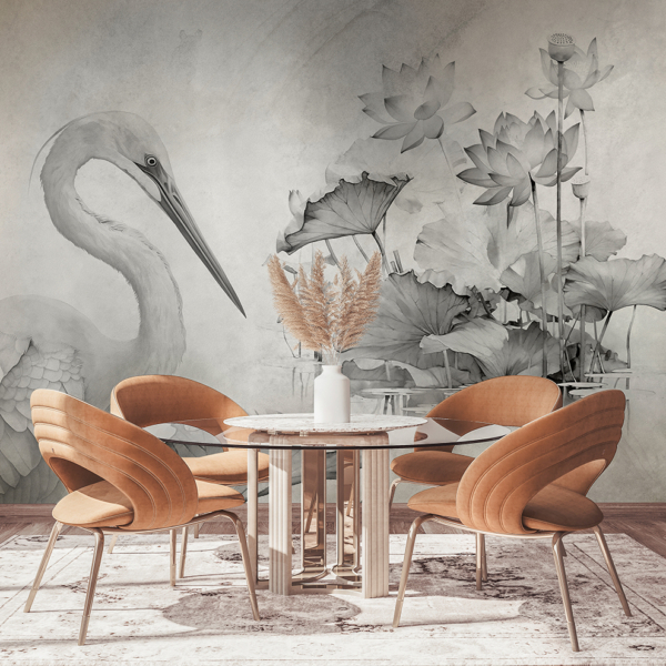 Fototapete mit einem Kranich zwischen Blumen