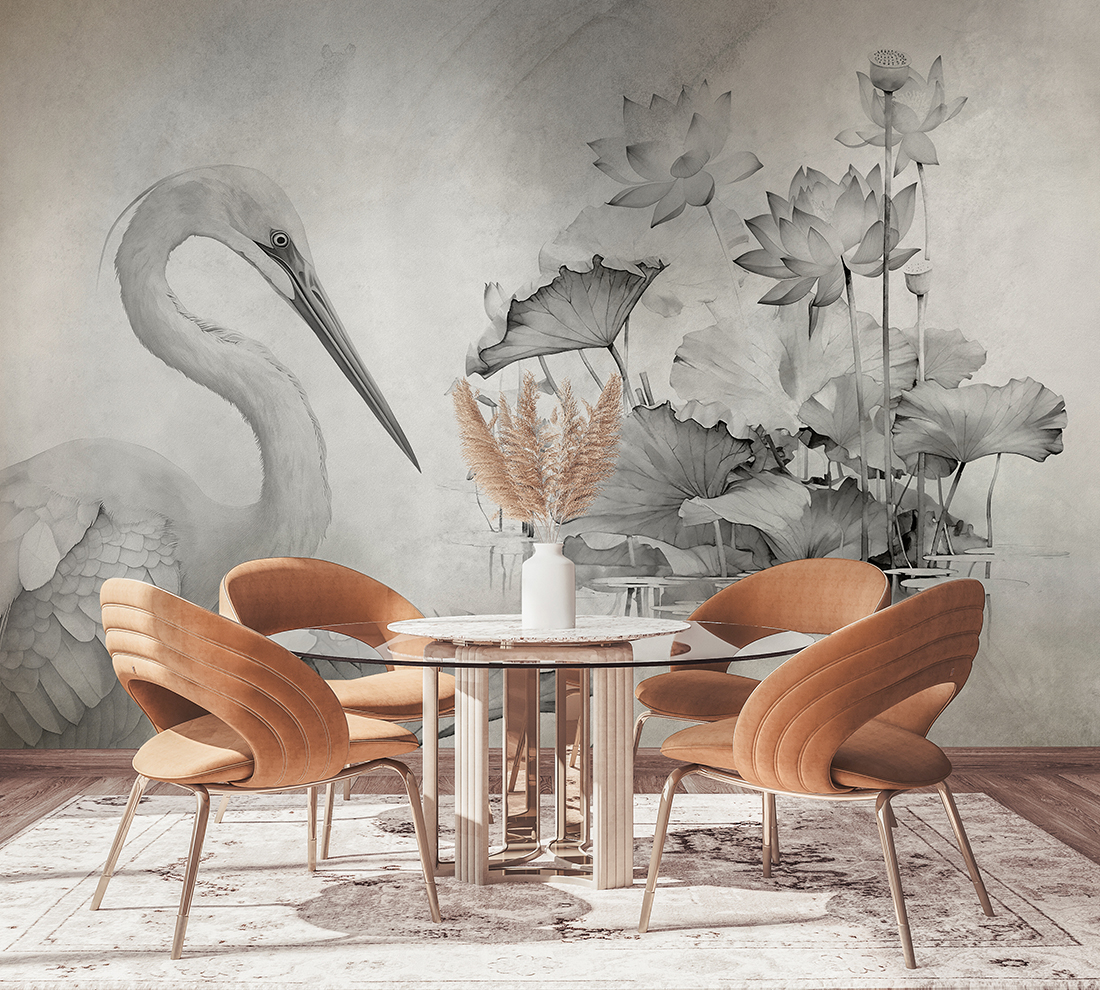 Fototapete mit einem Kranich zwischen Blumen