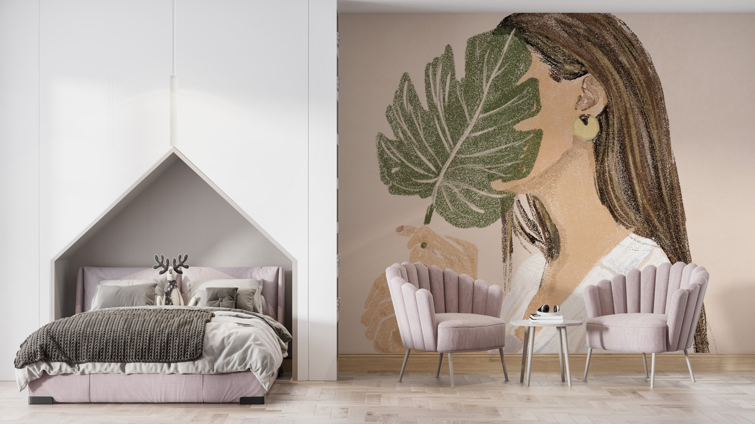 Väggmålning av en kvinna och ett Monstera-blad