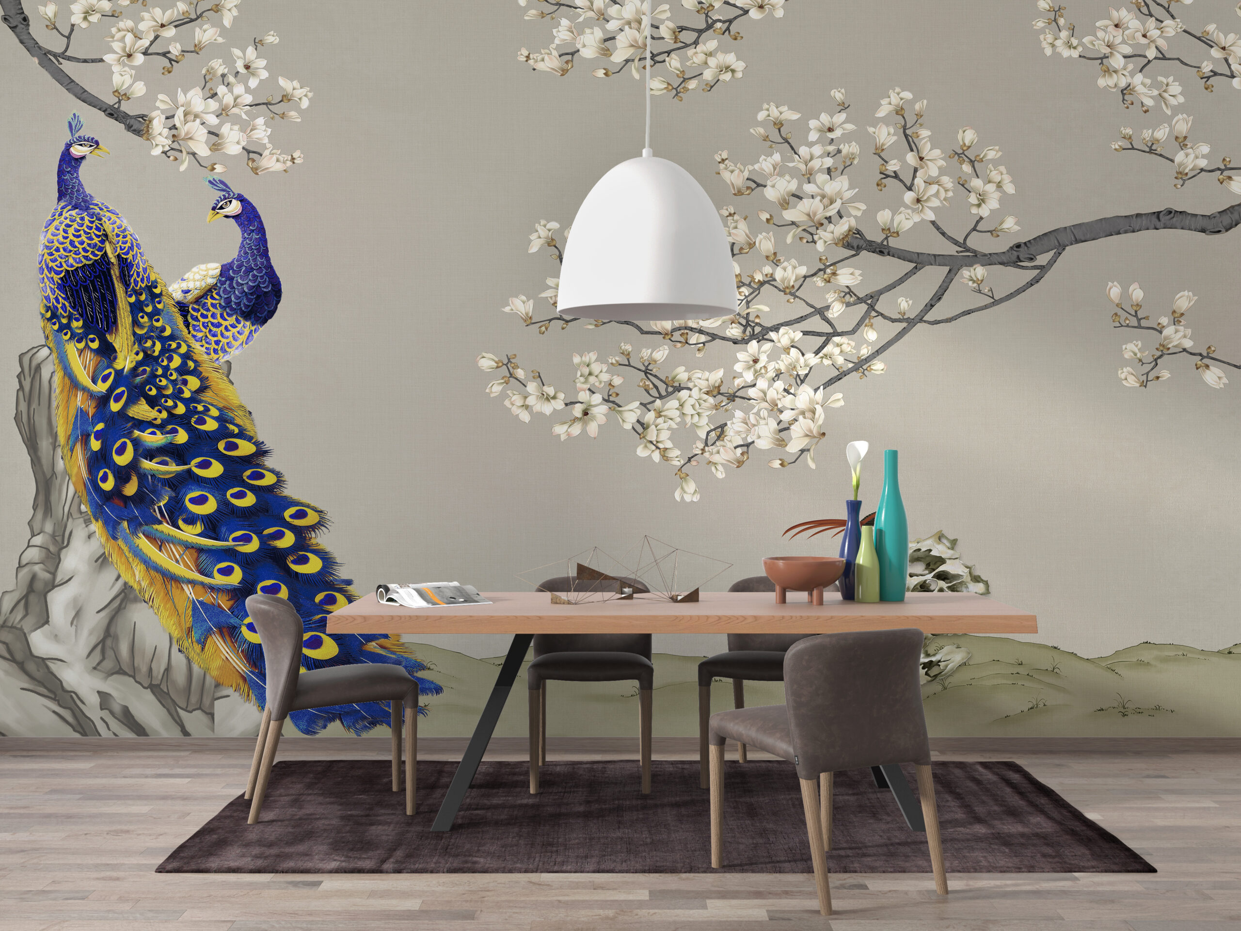 Fototapete Pfau und Kirschblüte