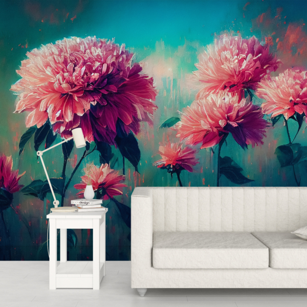 Fototapete Rosa Blumen in Türkis