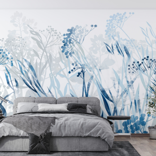 Fototapete Blaue Blumen in Weiß