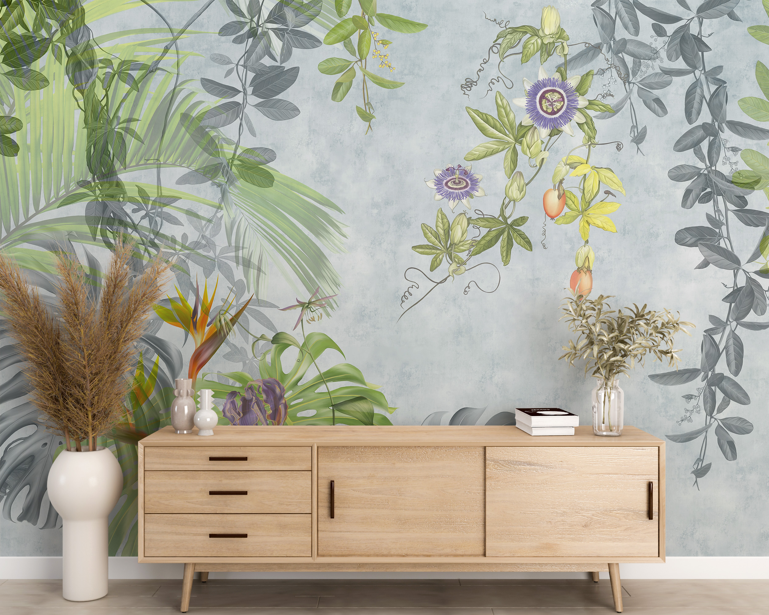 Wandmalerei mit Blättern und Blumen