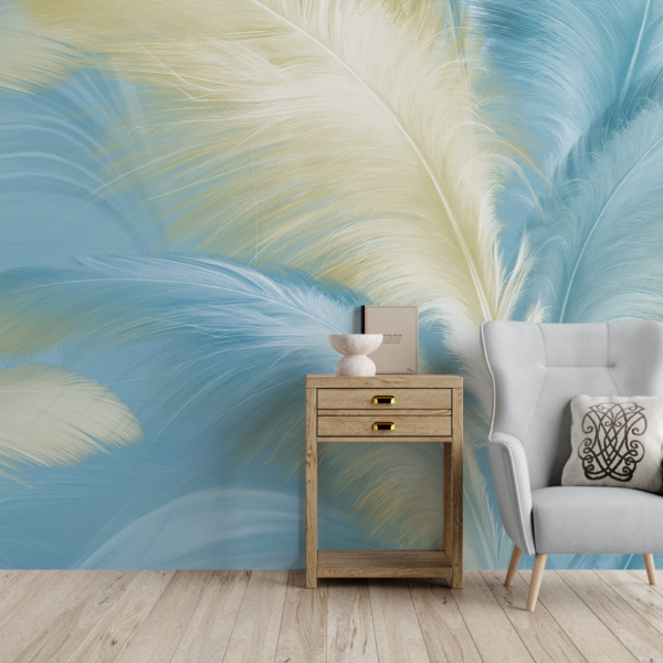 Fototapete mit blauen und goldenen Federn