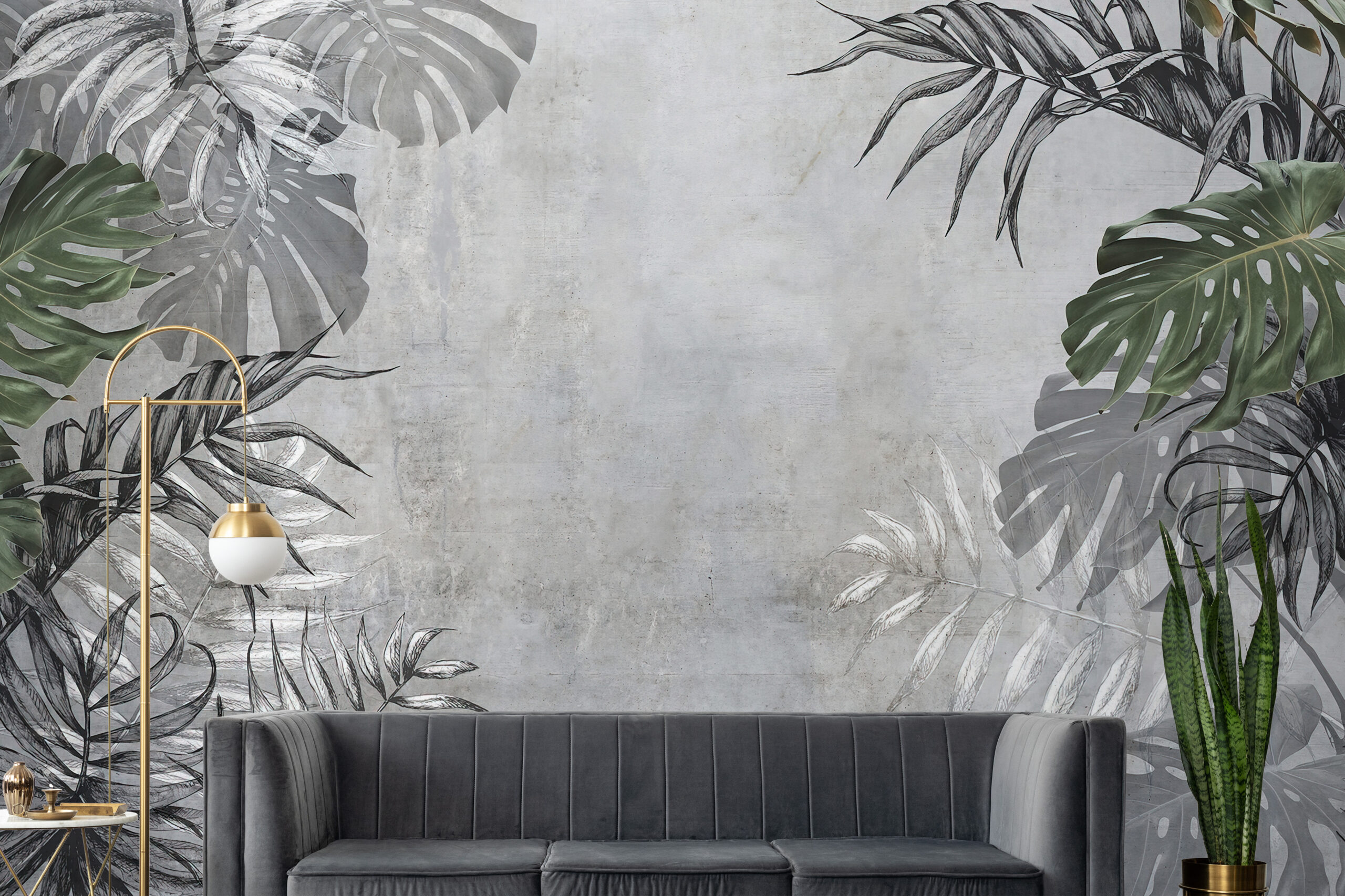 Fototape Tropiska löv i grått
