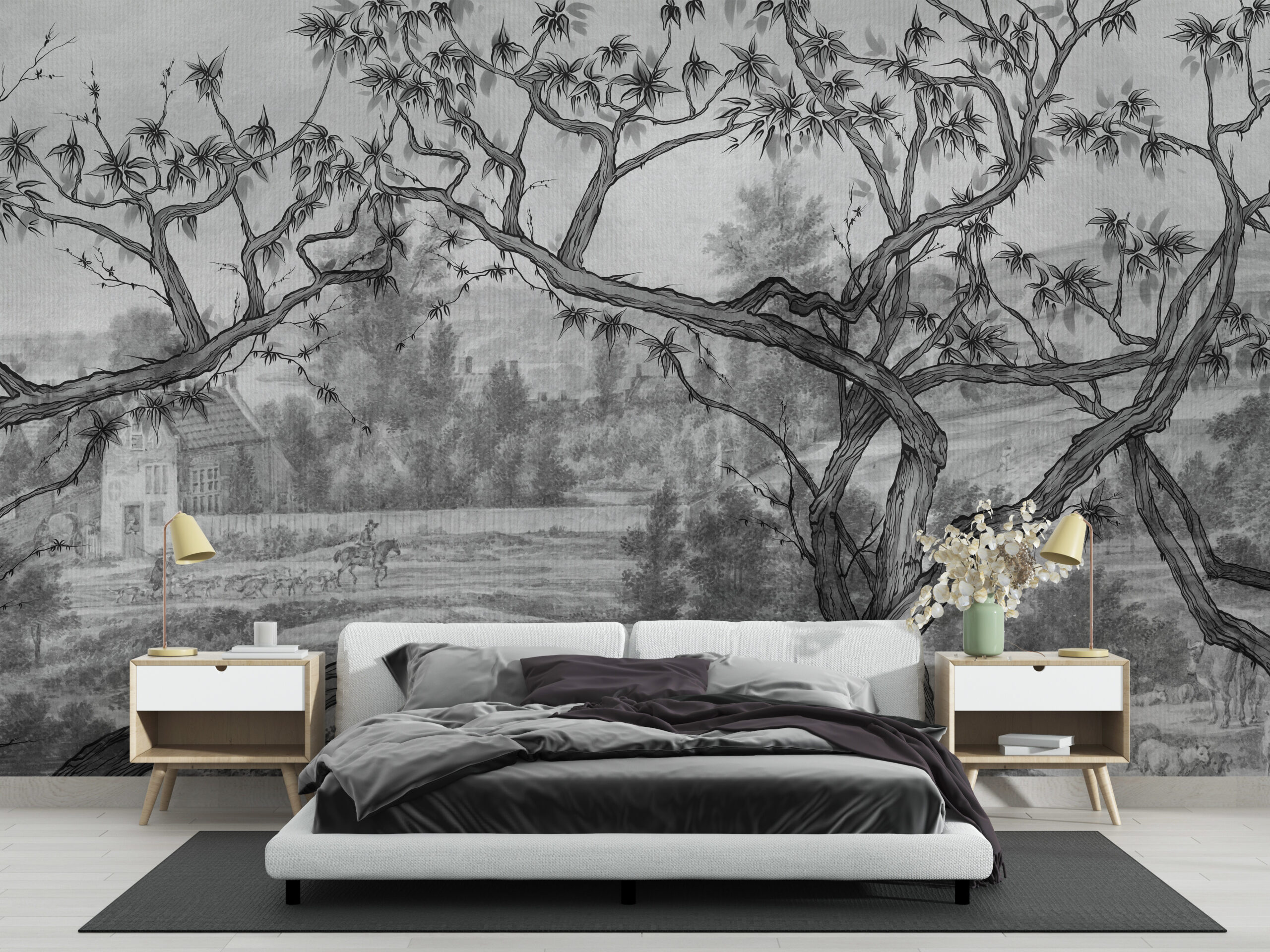 Väggmålning Landsbygdslandskap Svartvitt