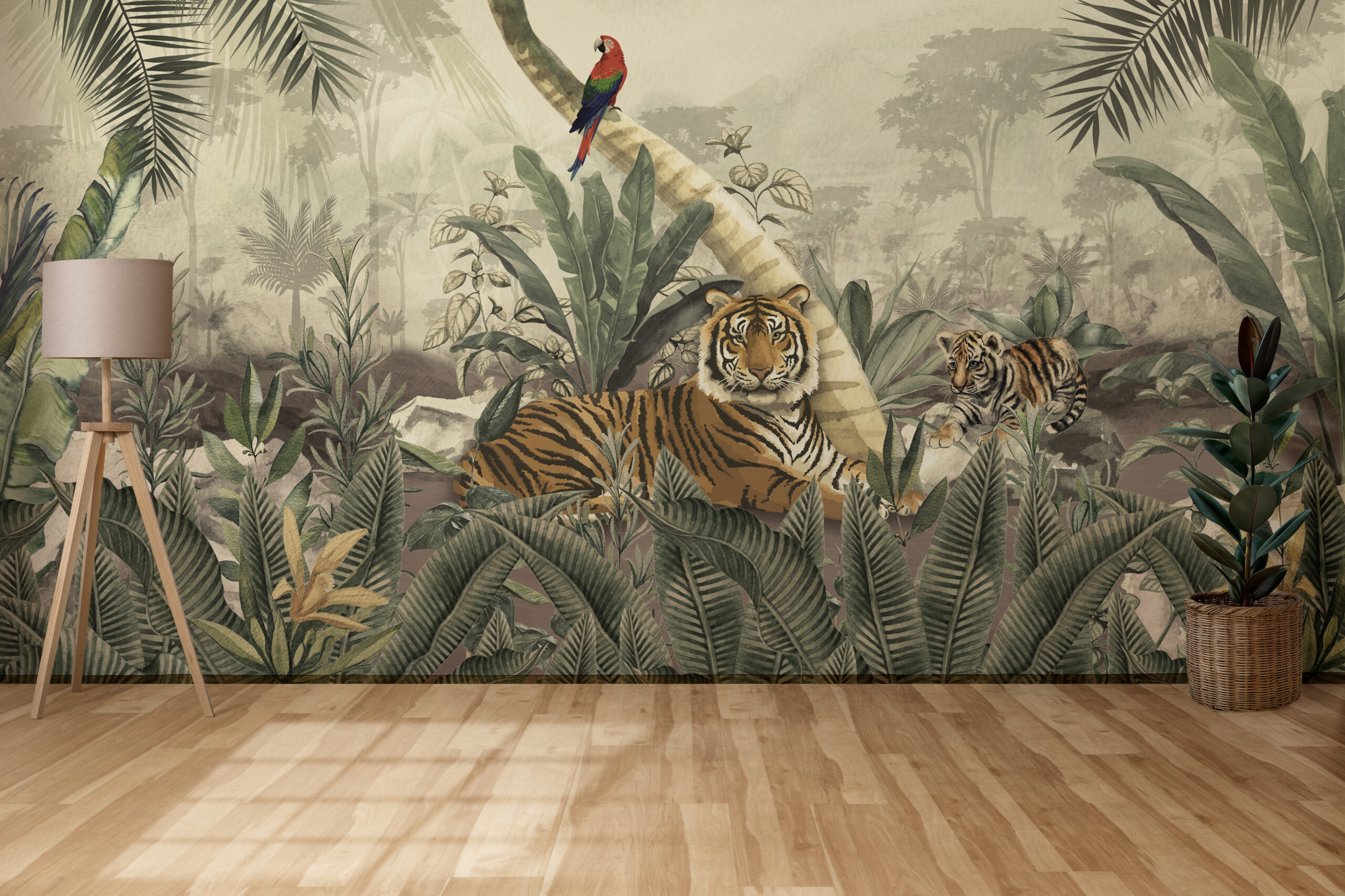 Wandgemälde Tiger vor einem Dschungel-Hintergrund