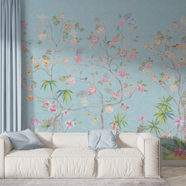 Tapete Blumen auf blauem Hintergrund