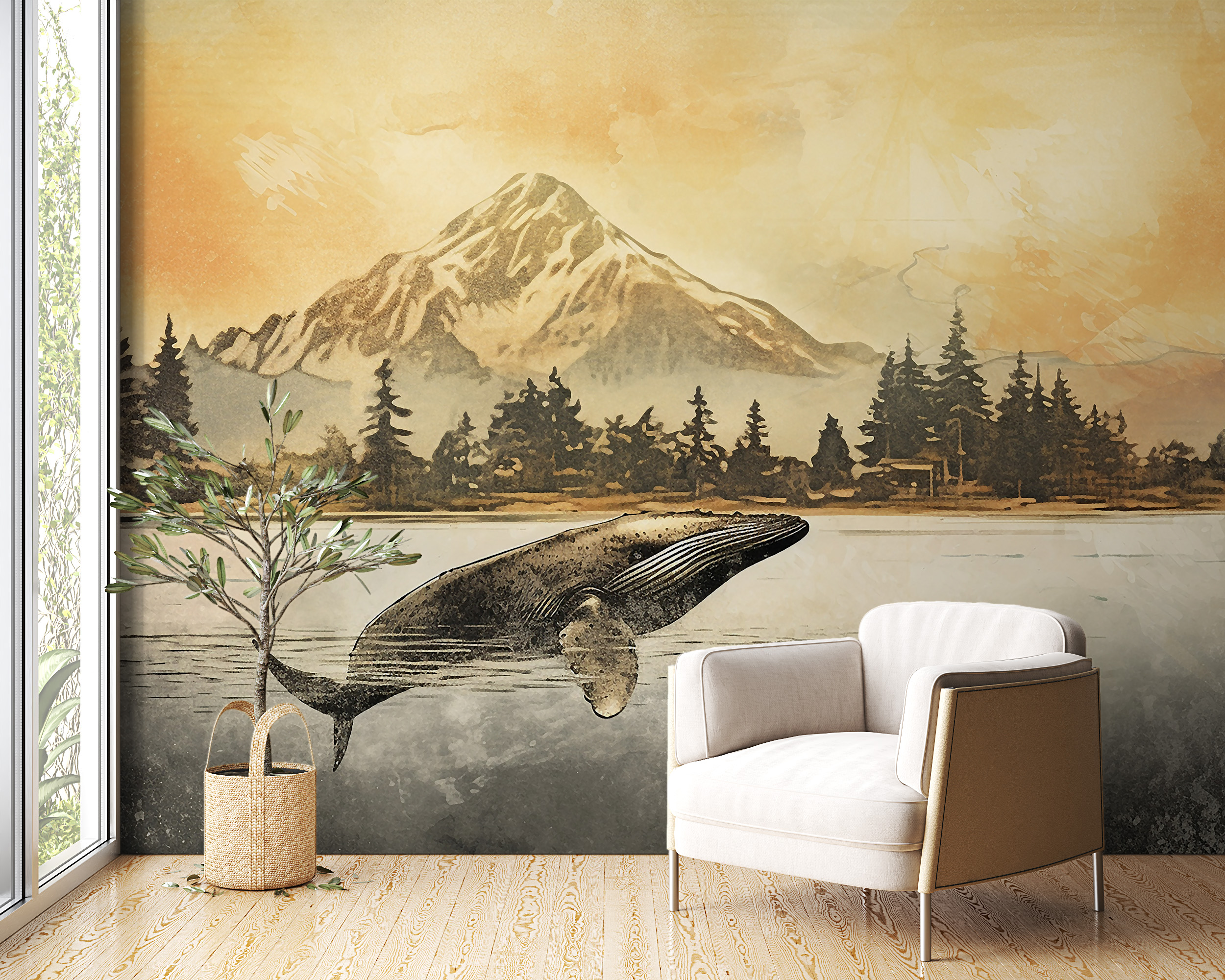 Väggmålning av en val i solnedgången