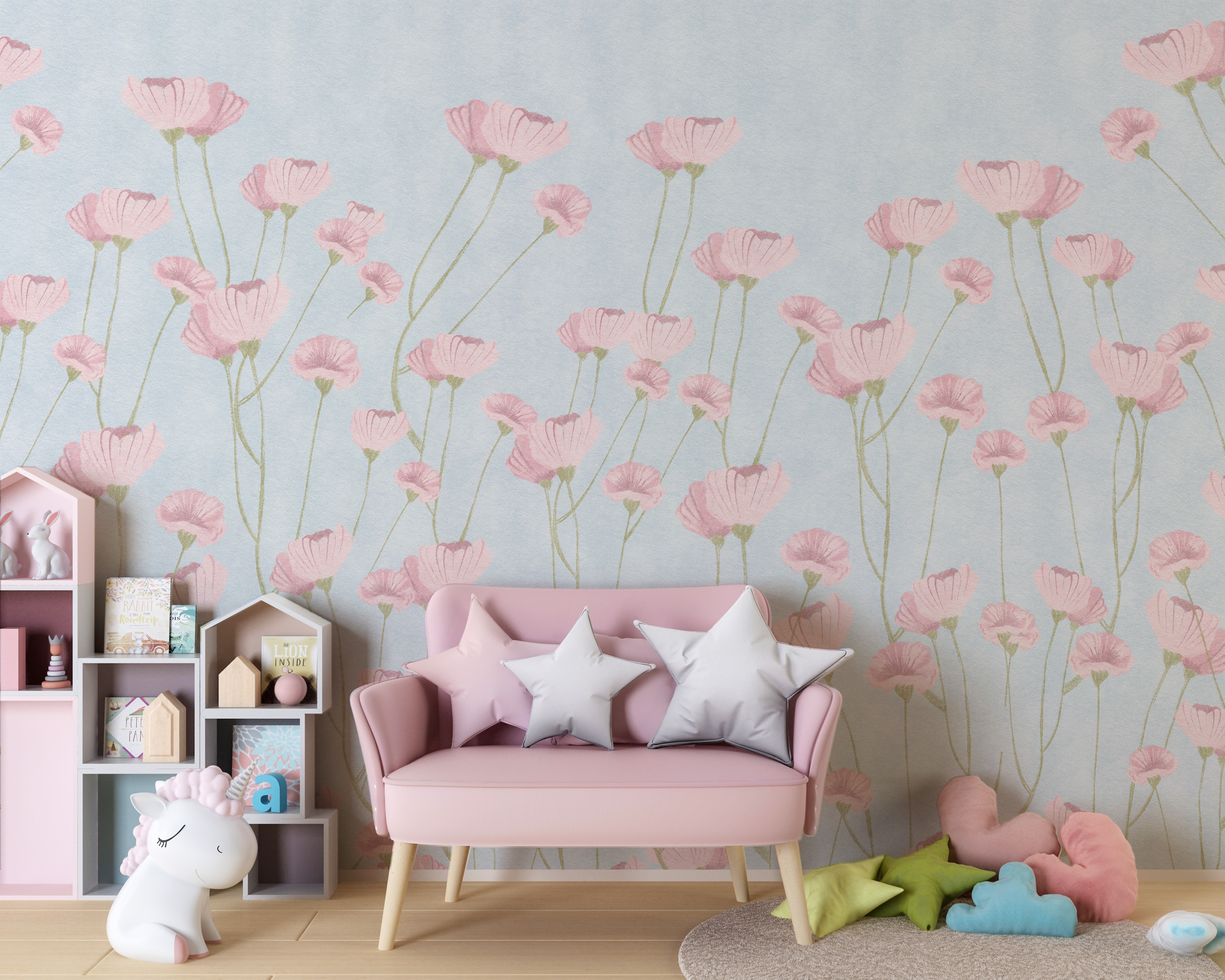 Fototapete Rosa Blumen auf blauem Hintergrund