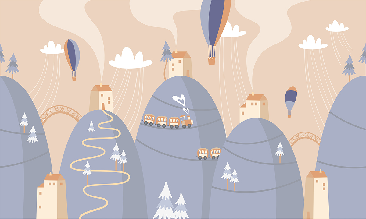 Scandinavian,Landscape,Wallpaper,Mural,,Hills,,Hot,Air,Balloons,,Train,,Locomotive,