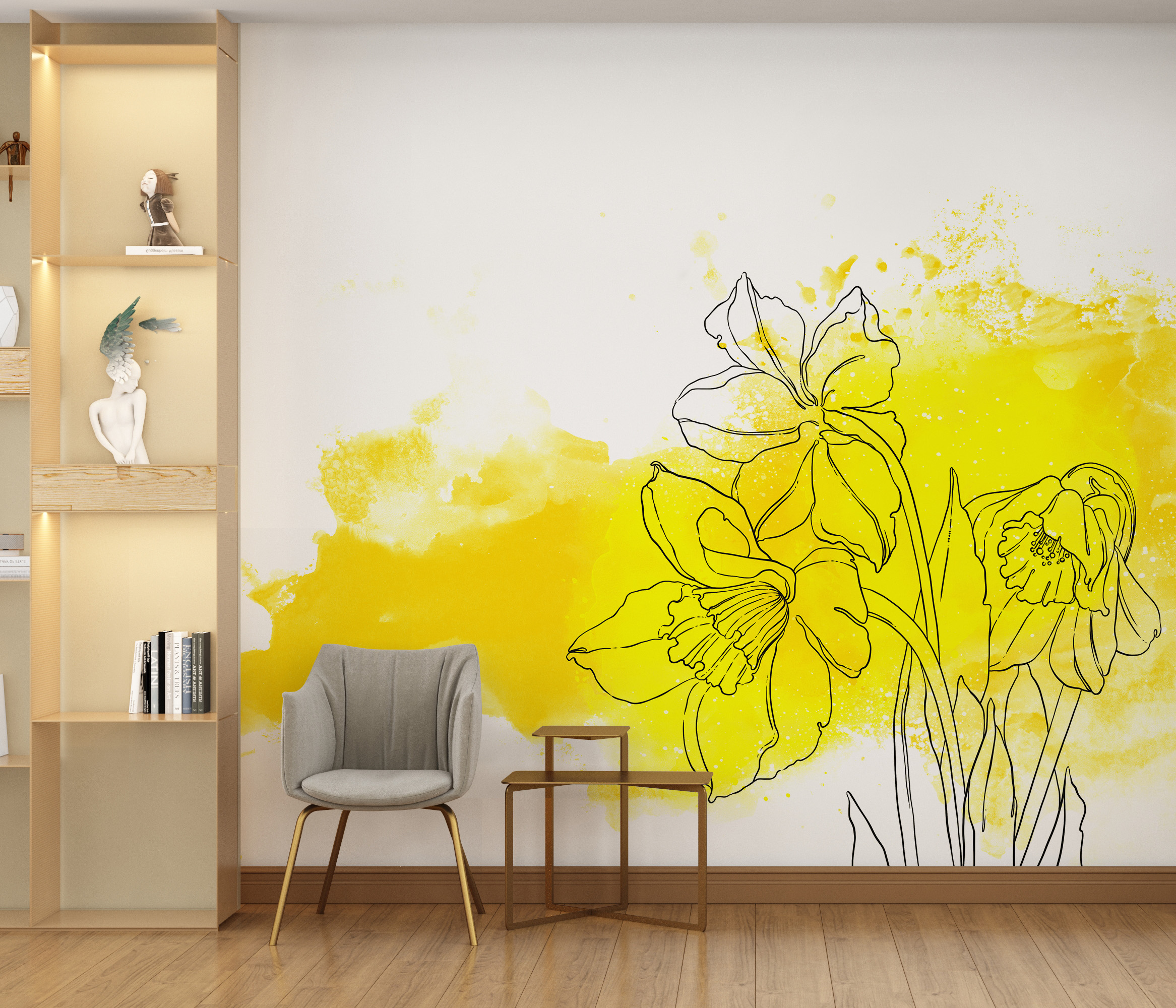 Väggmålning av blommor i gult